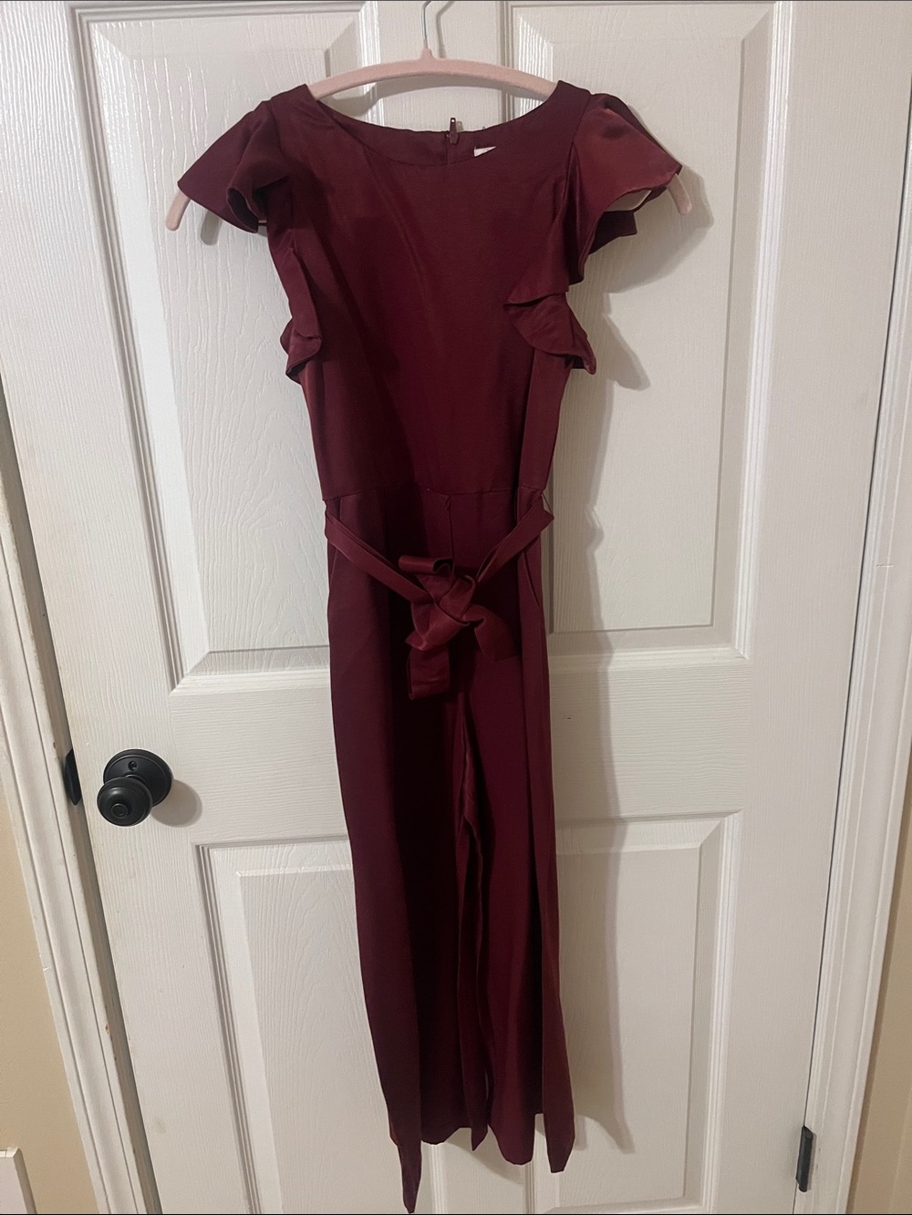Girls Burgundy Ruffle-Sleeve Jumpsuit